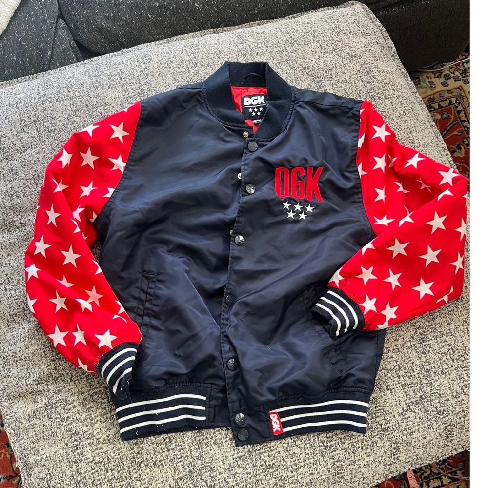 DGK Varsity Jacket Medium Navy Blue Red Stars Baseball Bomber Streetwear‎